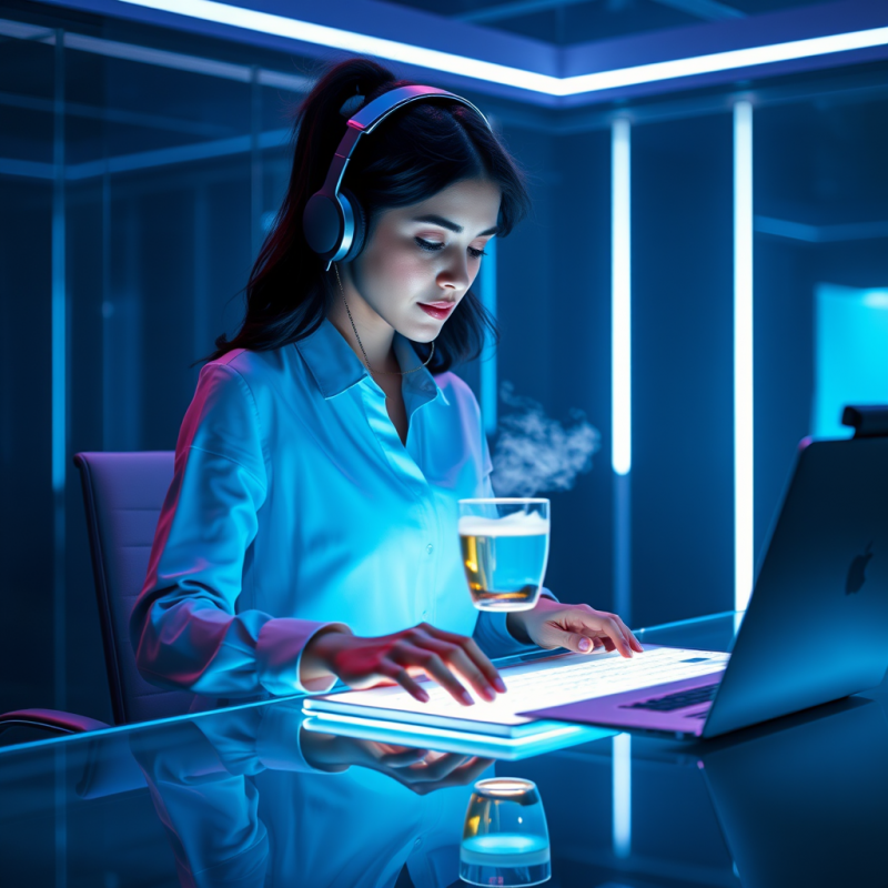 Woman with Headphones and a Glowing Holographic Clipboa...