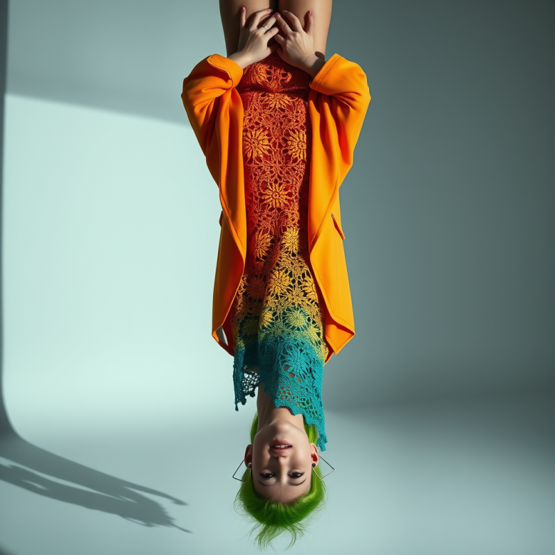 Woman with Neon-green Hair Stands Upside-down in a Mirr...