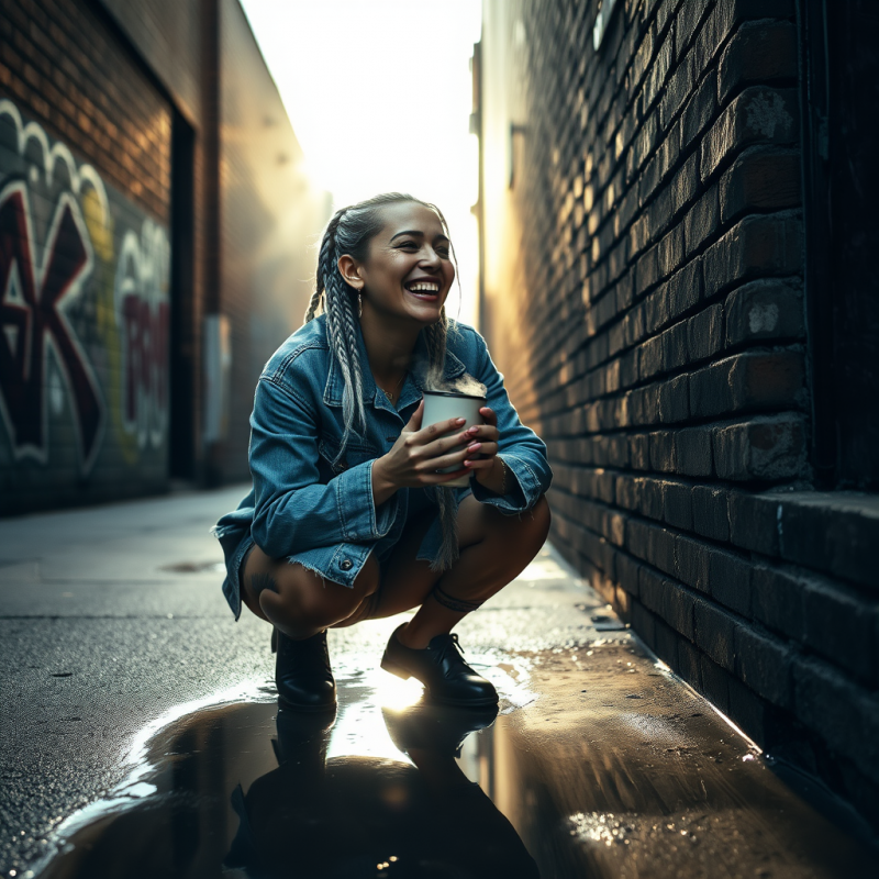 Woman with Silver Braids and a Faded Denim Jacket Crouc...