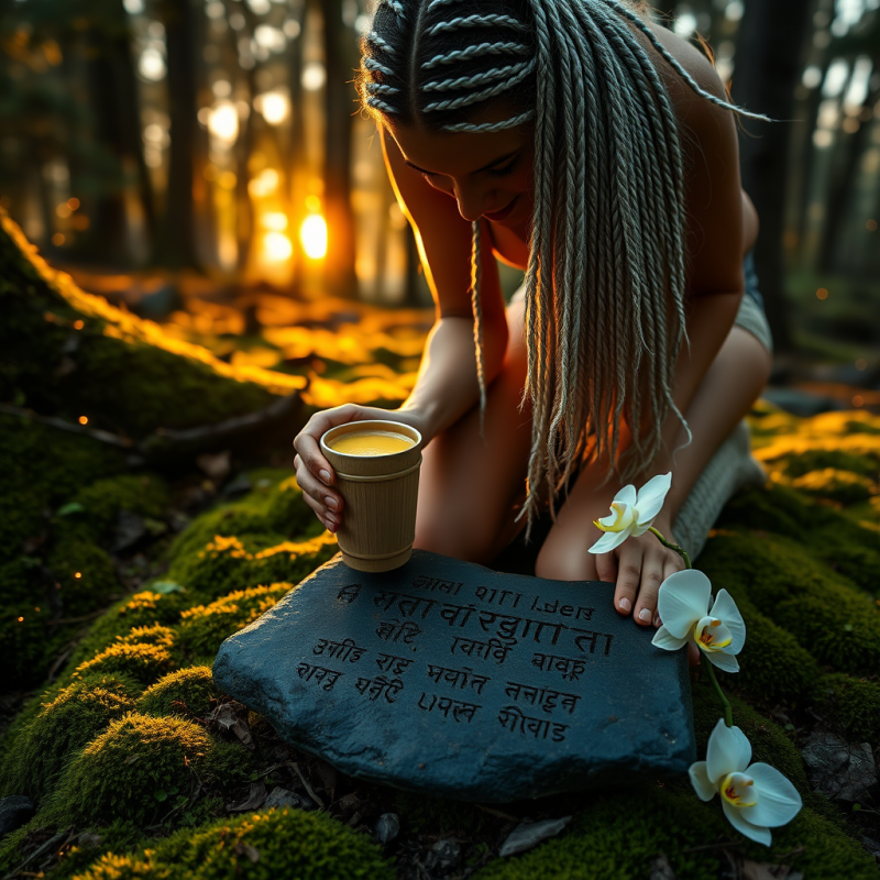 Woman with Silver-streaked Braids Kneels on a Mossy For...