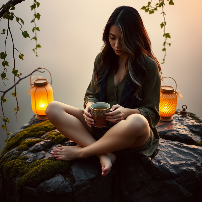 Woman with Silver Streaks in Her Dark Hair Sits Cross-l...