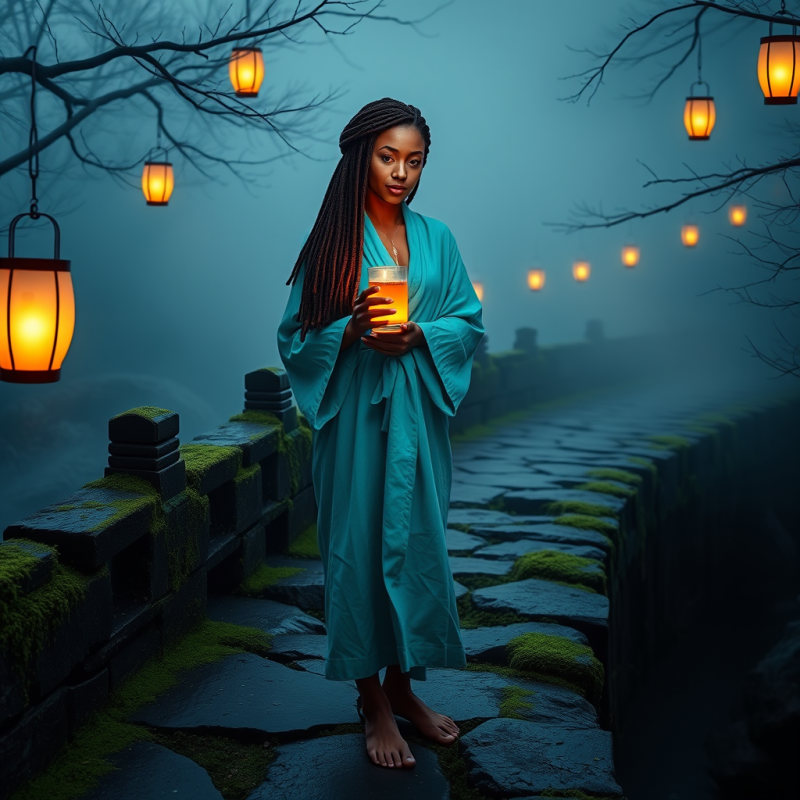 Woman with Vibrant Dreadlocks Wrapped in a Glowing Turq...