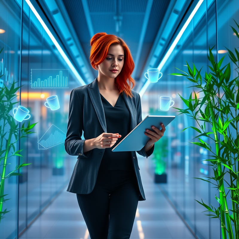 Woman with Vibrant Red Hair Stands Mid-stride in a Tran...