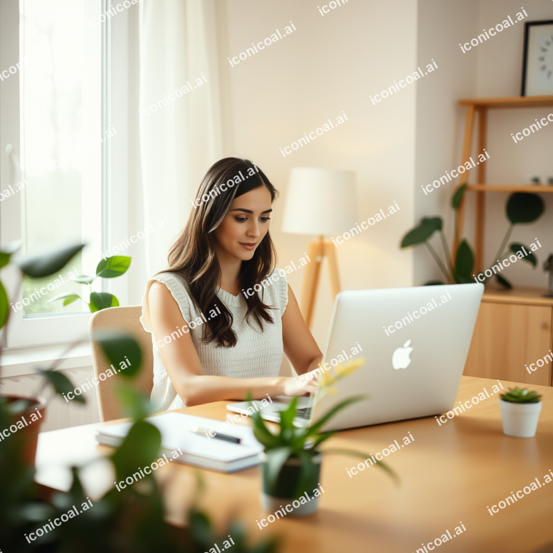 Woman Working From Home With Laptop At Cozy Desk Setup Pl...