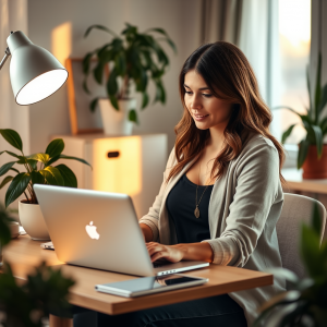 Woman Working From Home With Laptop At Cozy Desk Setup Pl...