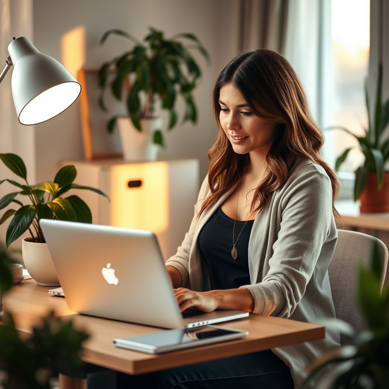 Woman Working From Home With Laptop At Cozy Desk Setup Pl...