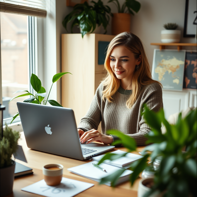 Woman Working from Home with Laptop at Cozy Desk Setup Pl...