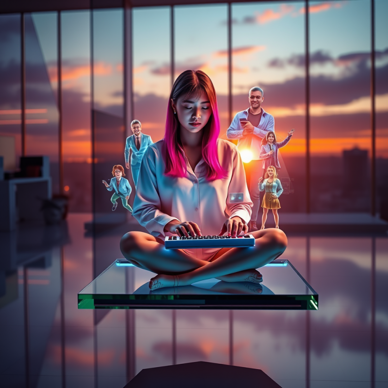 Young Asian Woman with Neon Pink Hair Sits Cross-legged...
