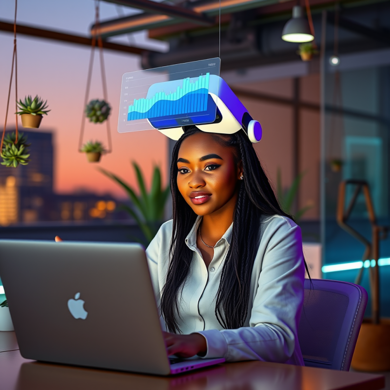 Young Black Female Entrepreneur in a Neon-lit Rooftop C...
