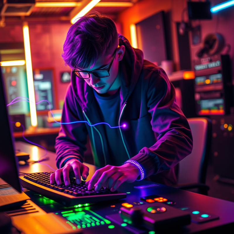 Young Coder in a Neon-lit Underground Cyberpunk Lab