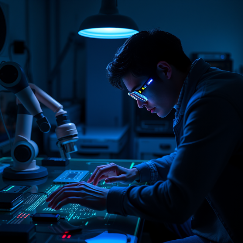 Young Developer in a Dimly Lit Lab