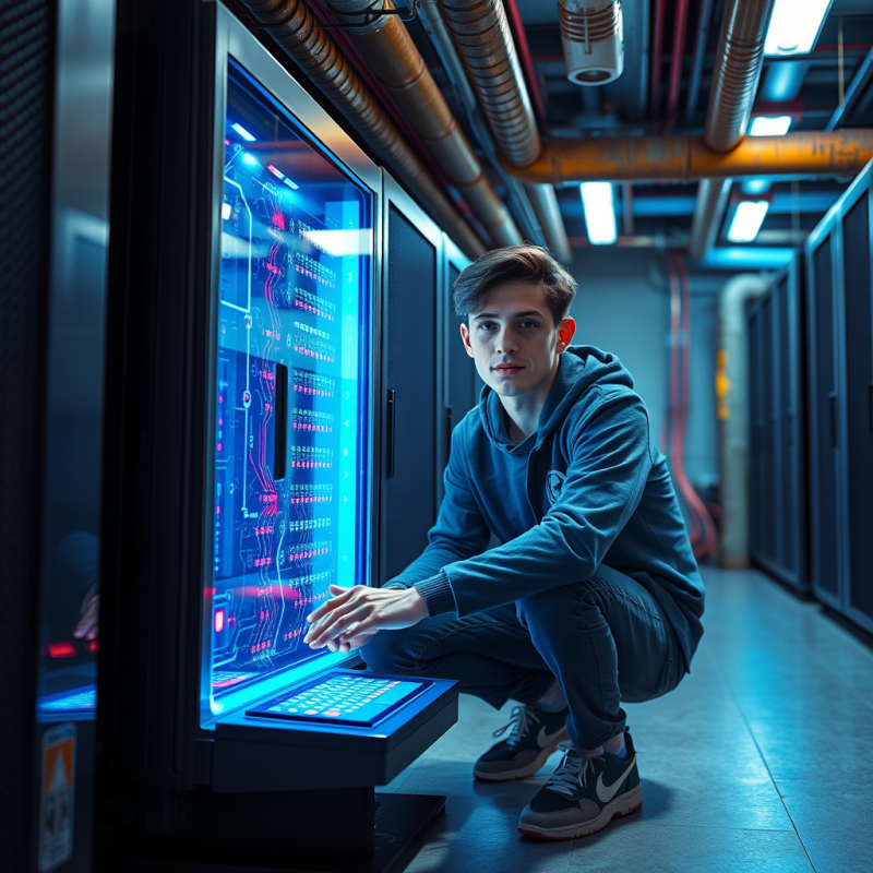 Young Developer in a Neon-lit Underground Server Room