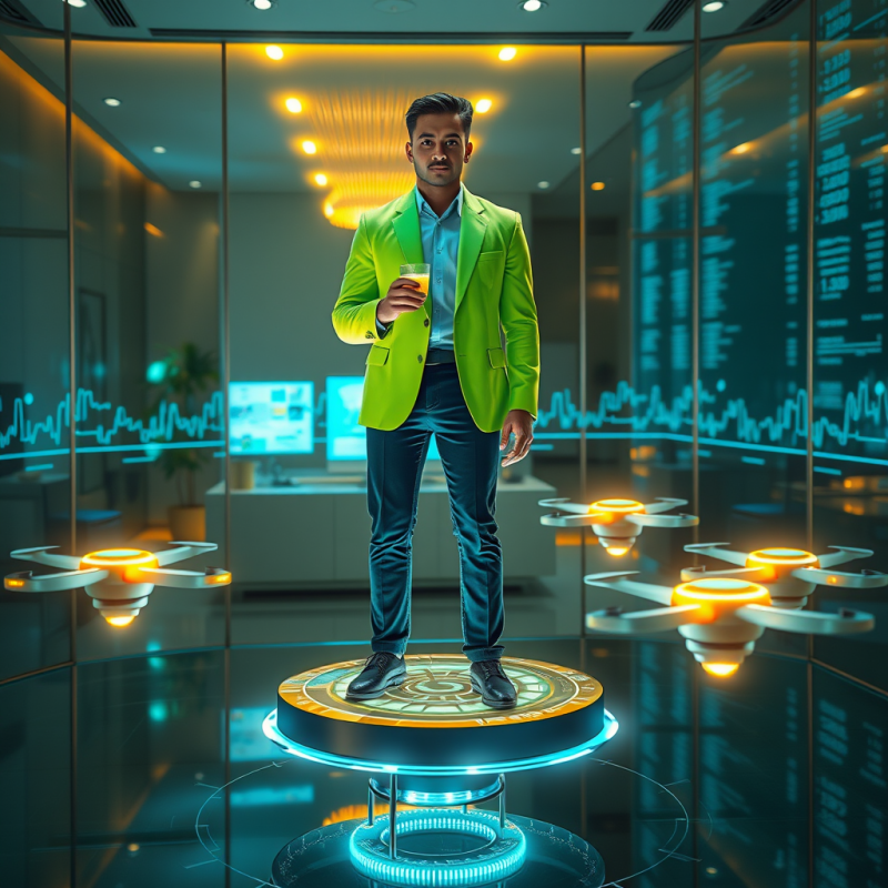 Young Entrepreneur in a Neon-green Blazer Stands Atop A...