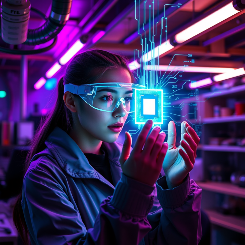 Young Female Engineer in a Neon-lit Underground Lab