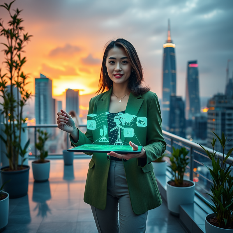 Young Female Entrepreneur in a Moss-green Blazer Stands...