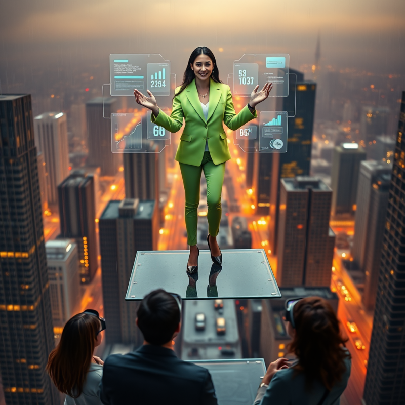 Young Female Entrepreneur in a Neon-green Blazer Stands...