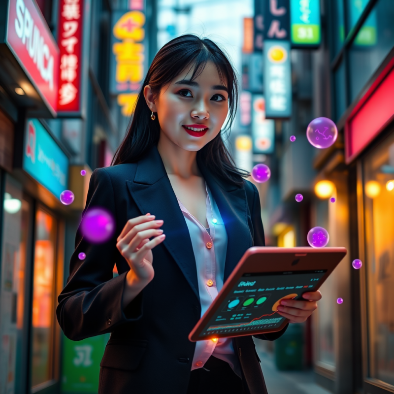 Young Female Entrepreneur in a Neon-lit Tokyo Alleyway ...