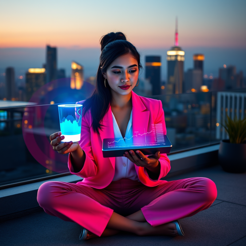 Young Female Entrepreneur in a Neon-pink Blazer Sits Cr...
