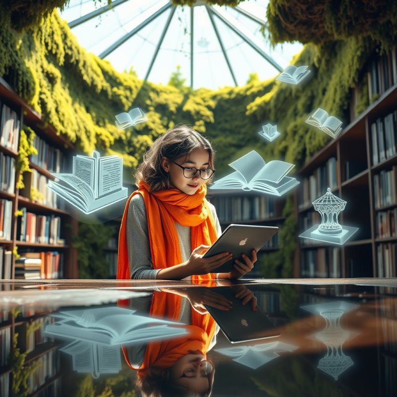 Young Female Student in a Vibrant Orange Scarf Leans Ov...