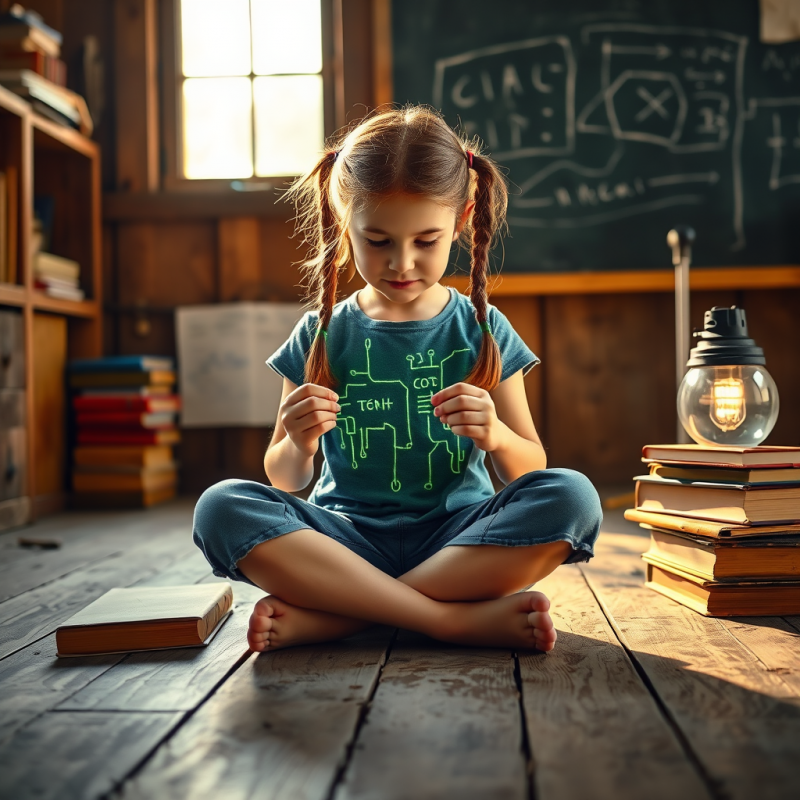 Young Girl with Braided Pigtails Sits Cross-legged on A...