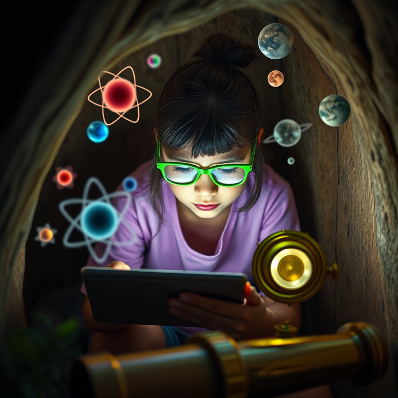 Young Girl with Neon-green Glasses Hunched Over a Glowi...