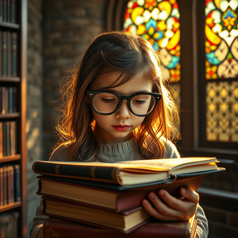 Young Girl with Oversized Reading Glasses Peers Intentl...