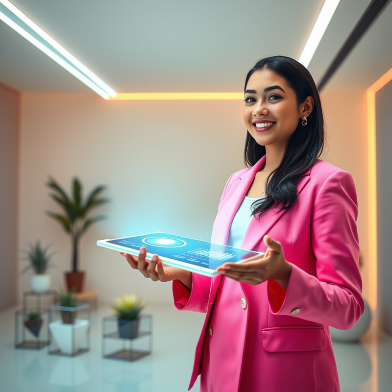 Young Latina Entrepreneur in a Neon-pink Blazer Stands ...