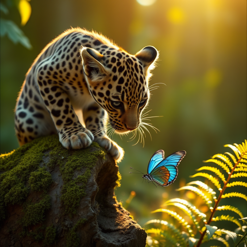 Young Leopard Cub Perches on a Mossy Rock, Intently