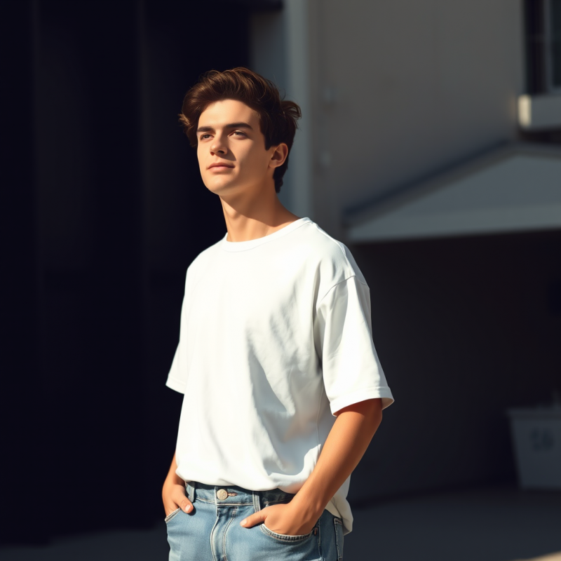 Young Man in a White T-shirt and Blue Jeans Stands