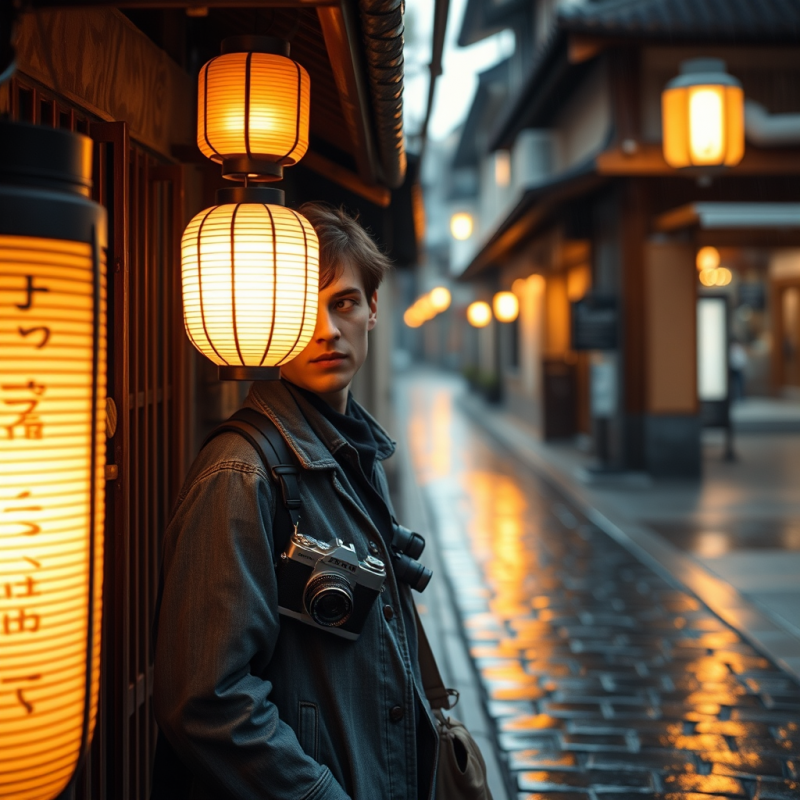 Young Man with a Vintage Camera Stands in a
