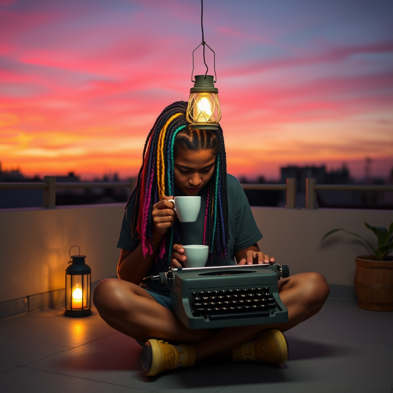 Young Person with Vibrant Rainbow Braids Sits Cross-leg...