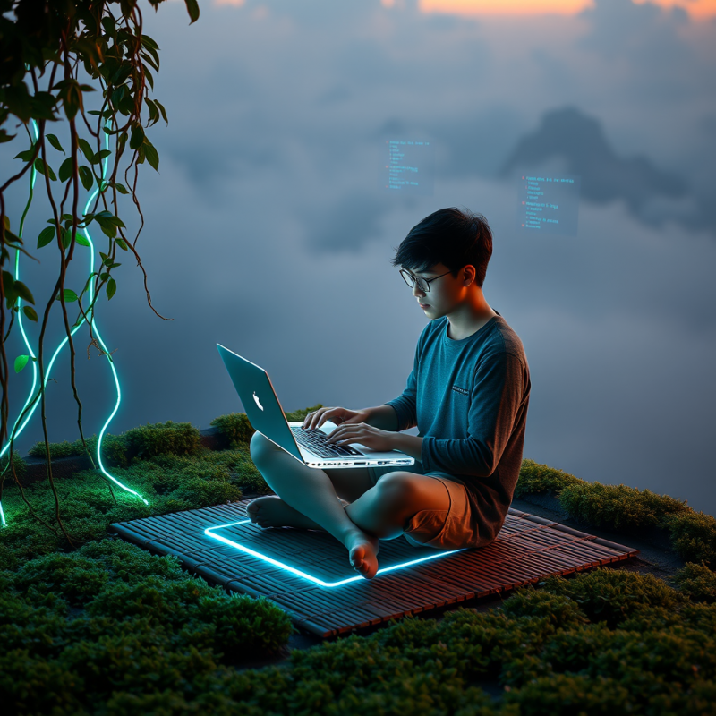 Young Programmer Sits Cross-legged on a Moss-covered Ro...