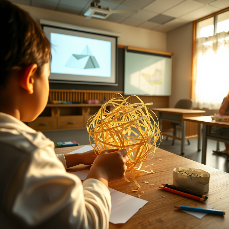 Young Student Focuses Intently on Weaving a Golden