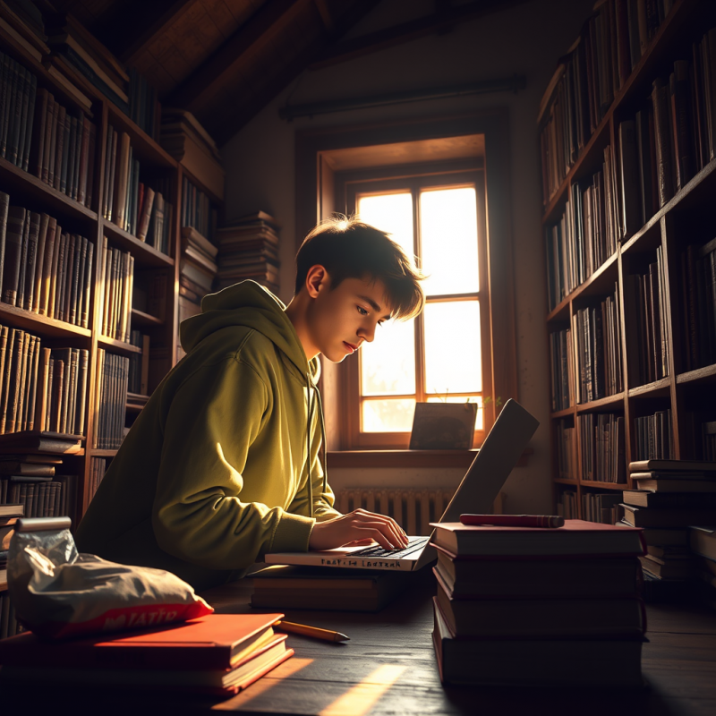 Young Student in a Moss-green Hoodie Hunched Over a Glo...