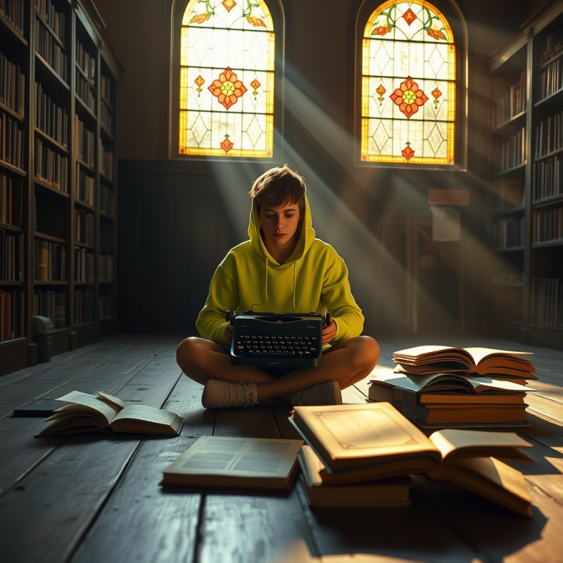 Young Student in a Neon-green Hoodie Sits Cross-legged ...
