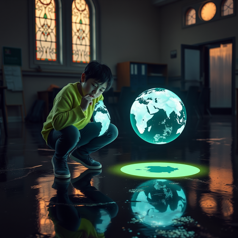 Young Student in a Neon-green Sweater Crouches Beside A...