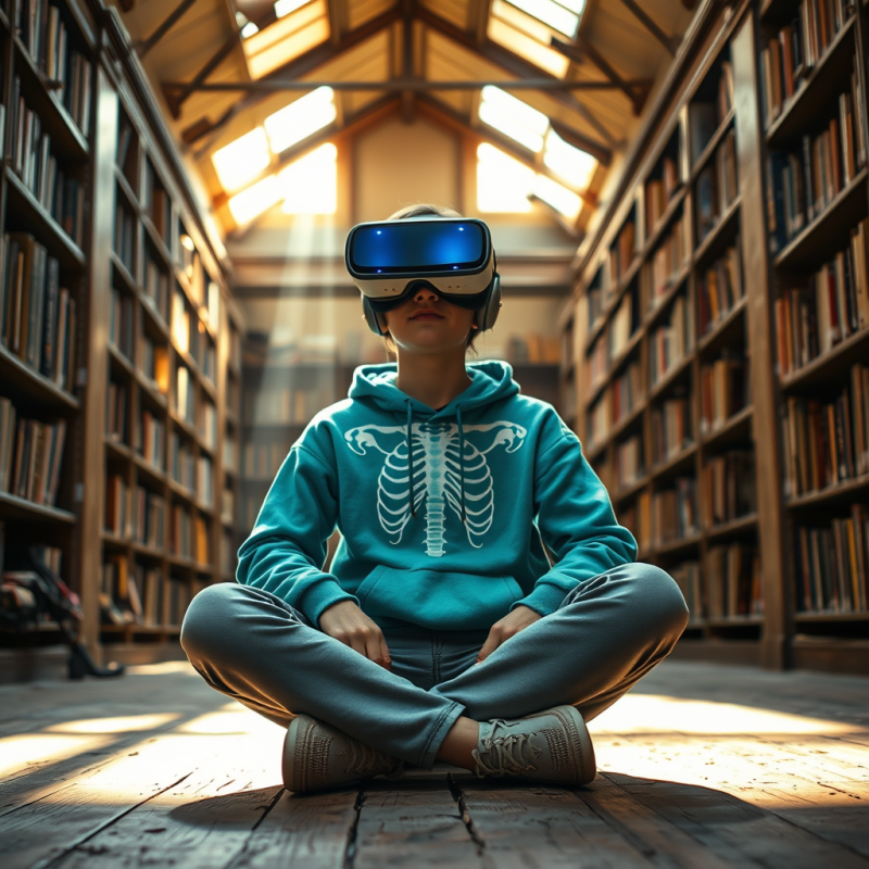 Young Student in a Vibrant Turquoise Hoodie Sits Cross-...