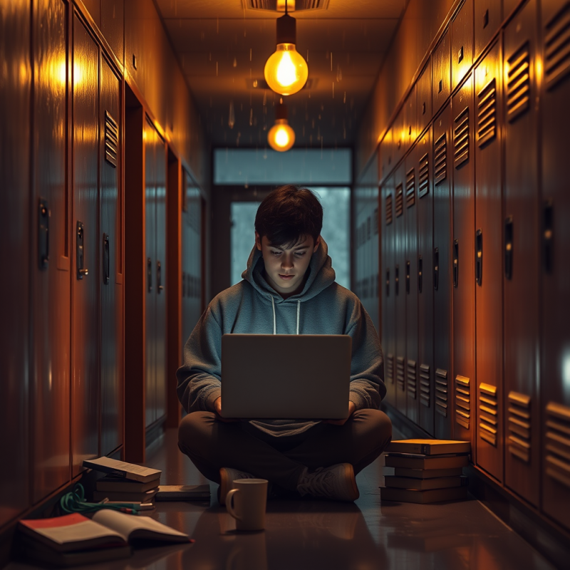 Young Student Sits Cross-legged in a Dimly Lit