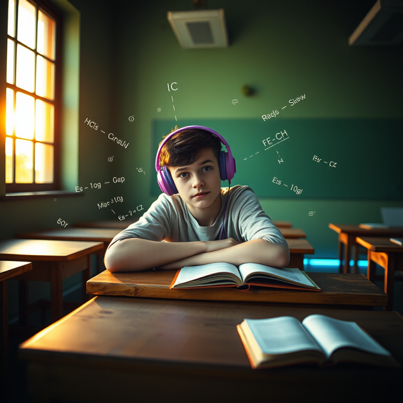 Young Student with Vibrant Purple Headphones Leans Over...