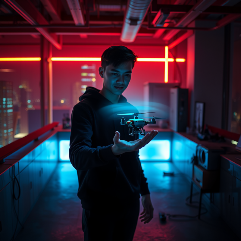 Young Tech Entrepreneur Stands in a Neon-drenched Rooft...