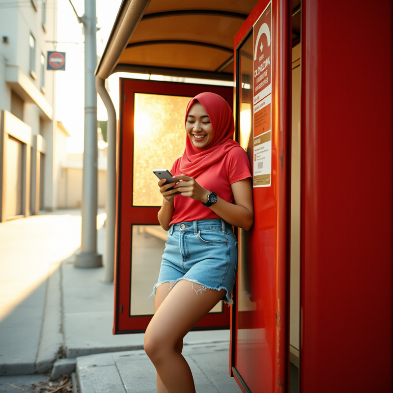 Young Woman in a Bright Coral Hijab and Oversized Denim...