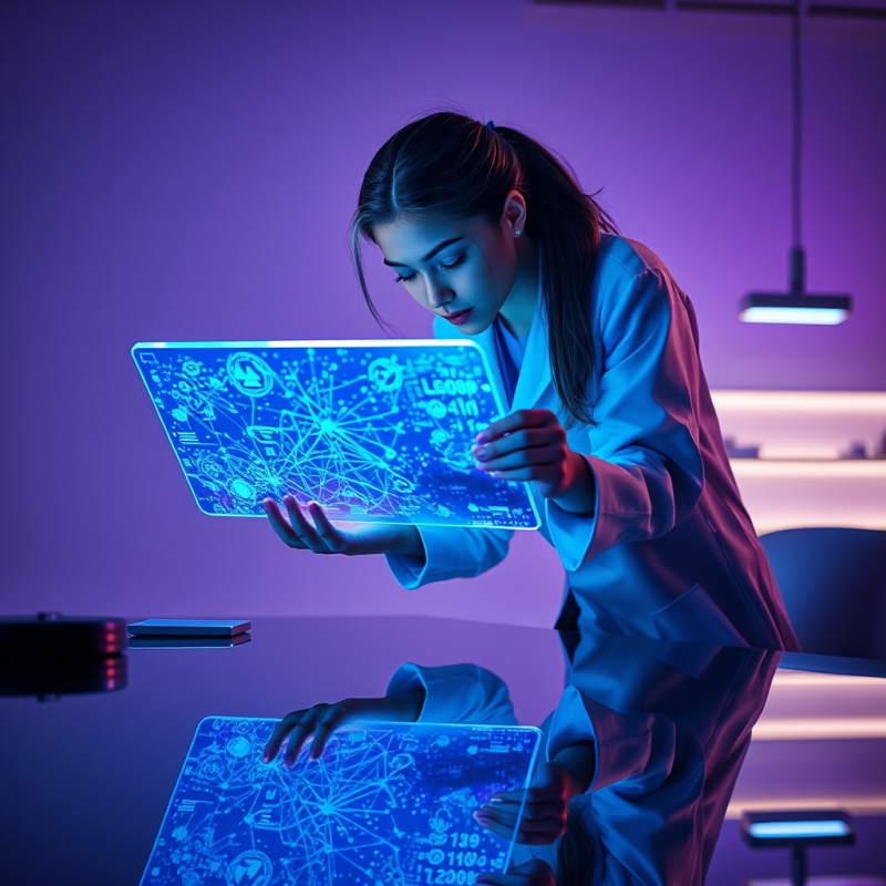 Young Woman in a Monochrome Lab Coat Hunches Over a Glo...