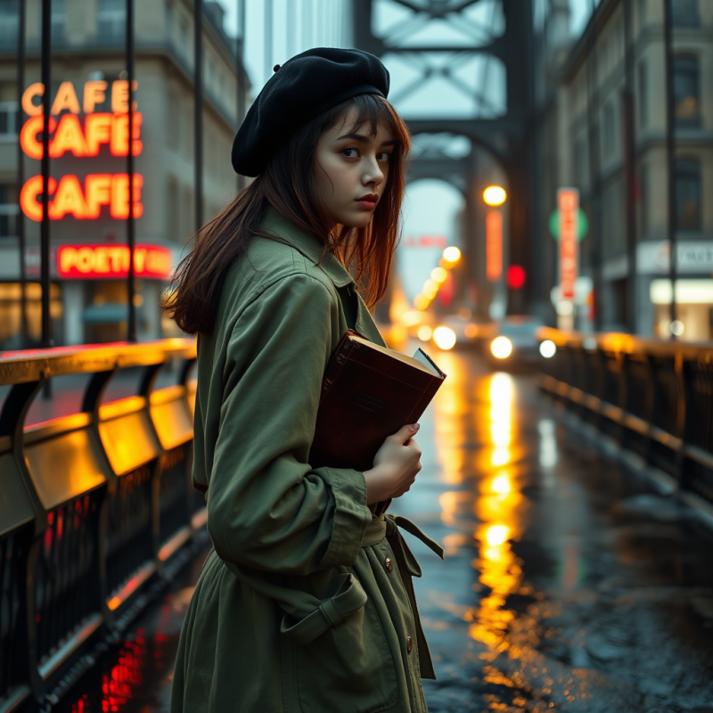 Young Woman in a Moss-green Linen Trench Coat Stands Si...