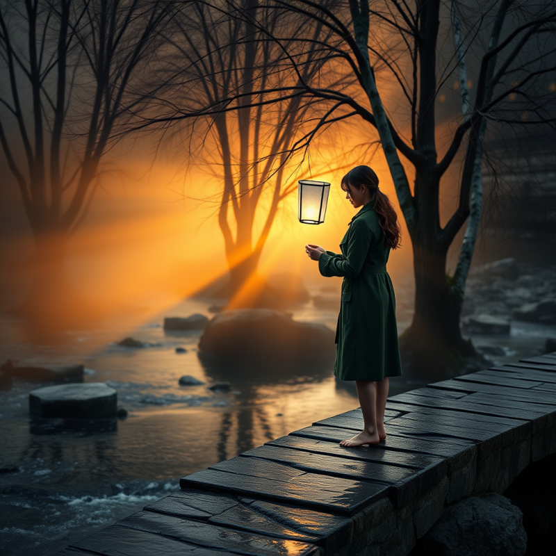 Young Woman in a Moss-green Trench Coat Stands Barefoot...