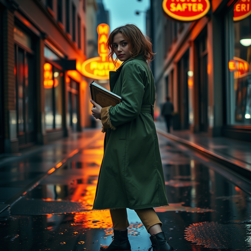 Young Woman in a Moss-green Trench Coat with Frayed Sue...