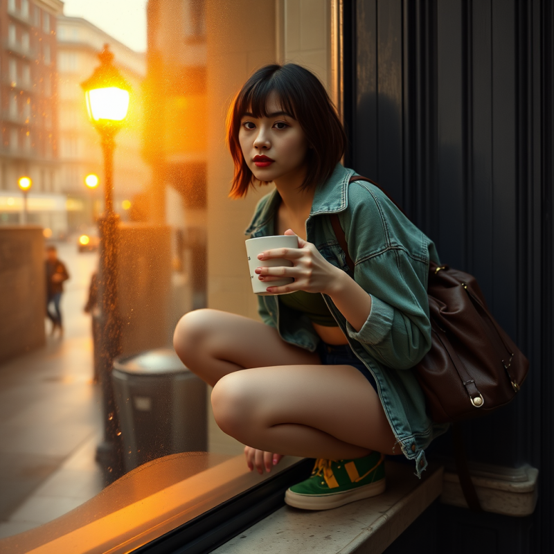 Young Woman in a Moss-green Velvet Crop Top and Deconst...