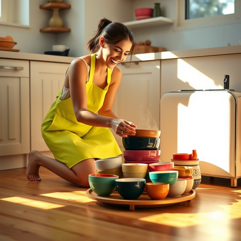 Young Woman in a Neon-green Apron Kneels on a Sun-dappl...