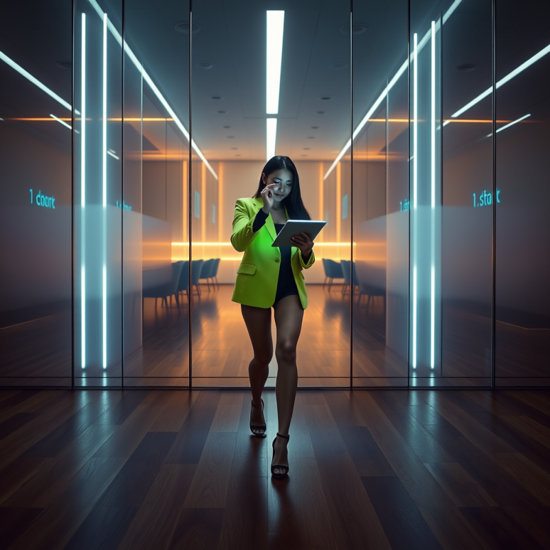 Young Woman in a Neon-green Blazer Stands Mid-stride In...