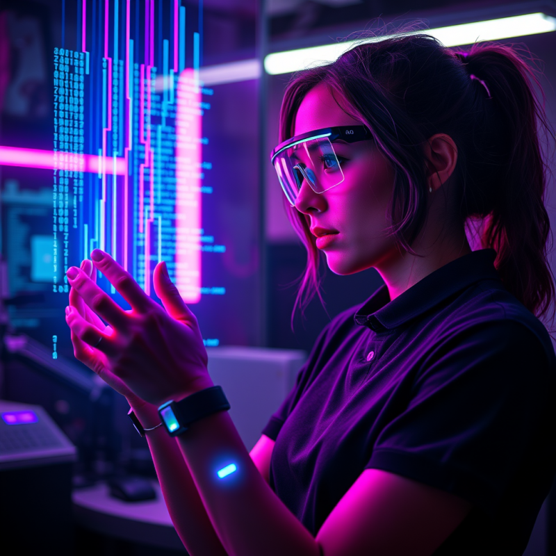 Young Woman in a Neon-lit Cyberpunk Lab