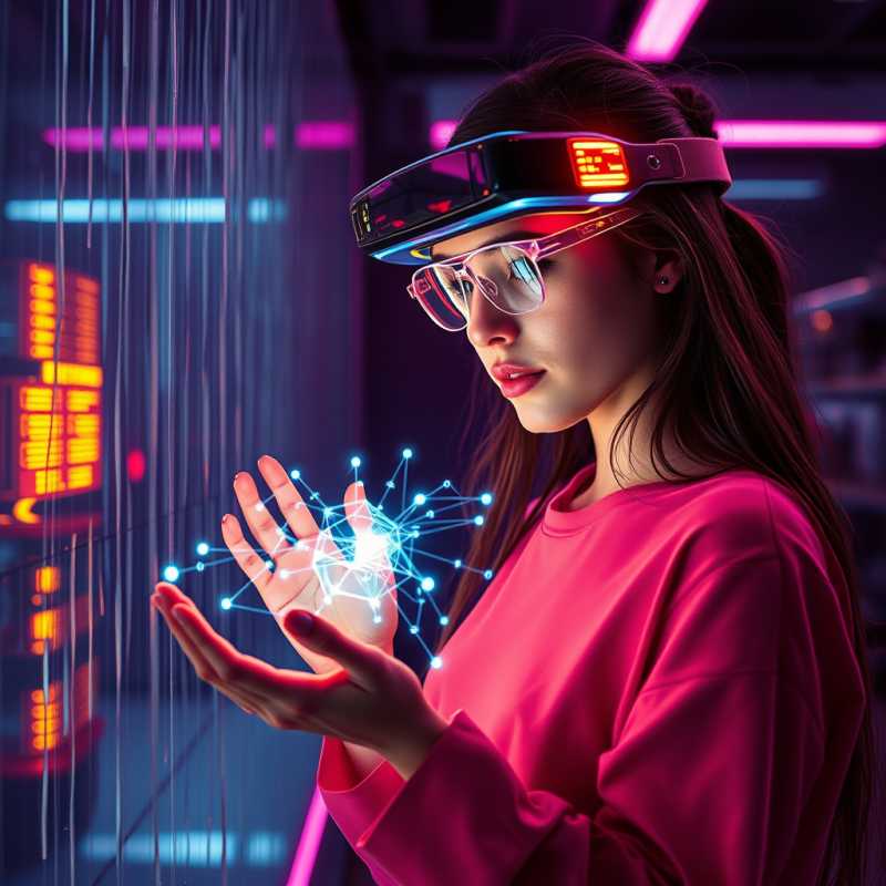 Young Woman in a Neon-lit Cyberpunk Lab